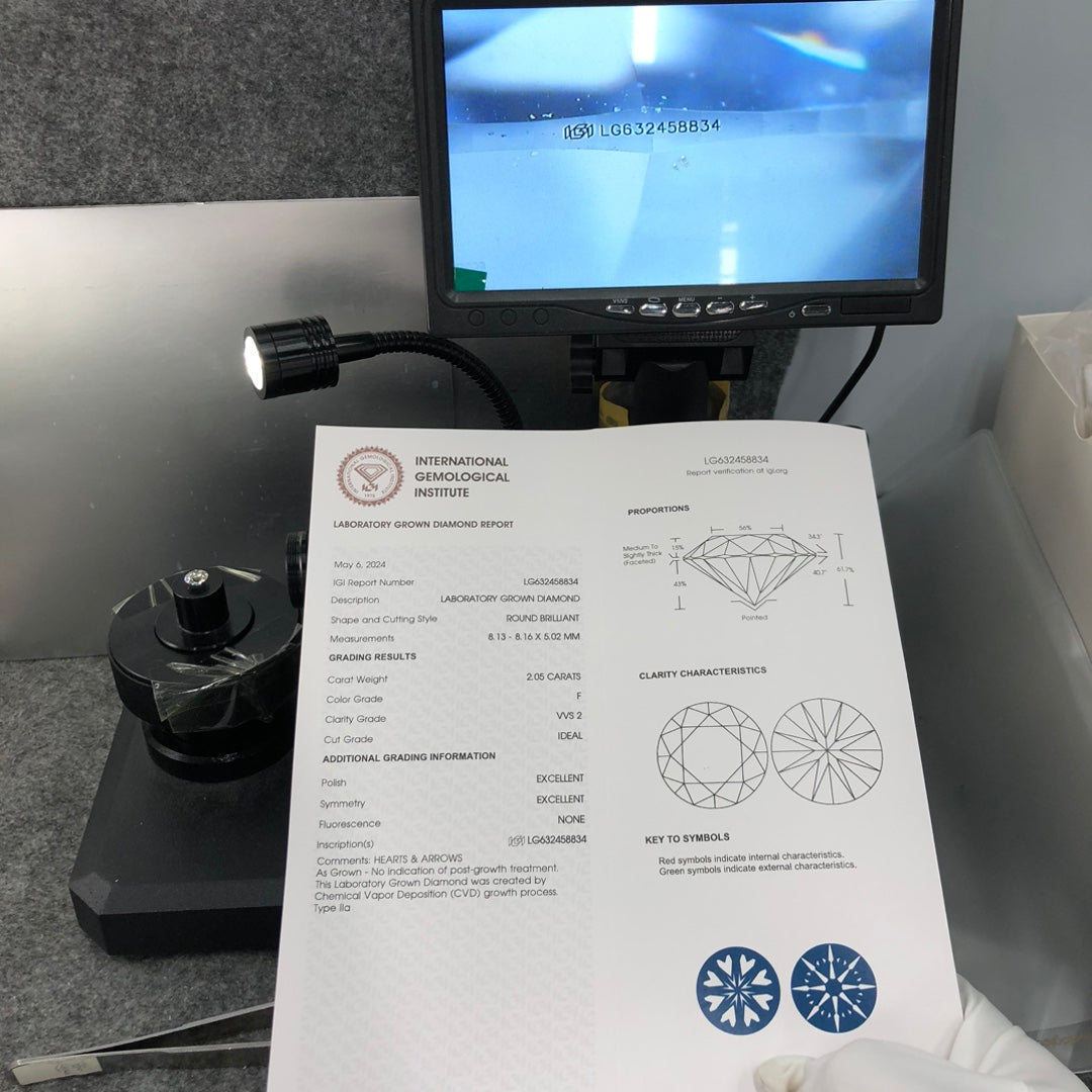Diamant synthétique de 2,05 carats certifié IGI, créé en laboratoire, F VVS2 ID 2EX CVD 