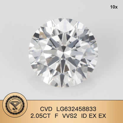 Diamant de laboratoire certifié IGI de 2,05 carats F VVS2 ID 2EX CVD 