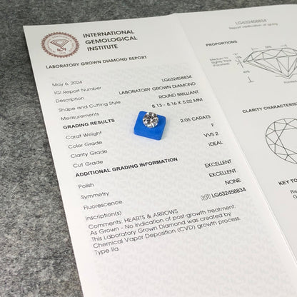 Diamant synthétique de 2,05 carats certifié IGI, créé en laboratoire, F VVS2 ID 2EX CVD 