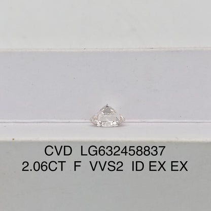 Diamant synthétique de 2,06 carats, certifié IGI, créé en laboratoire, F VVS2 ID 2EX CVD, forme ronde 