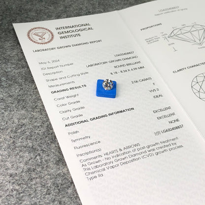 Diamant synthétique de 2,06 carats, certifié IGI, créé en laboratoire, F VVS2 ID 2EX CVD, forme ronde 