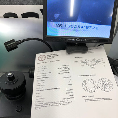 Diamant synthétique de 2,07 carats certifié IGI, créé en laboratoire, E VS1 3, excellent CVD 