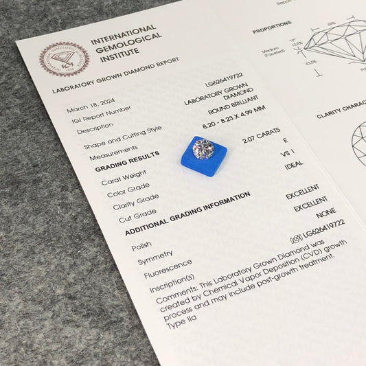 Diamant synthétique de 2,07 carats certifié IGI, créé en laboratoire, E VS1 3, excellent CVD