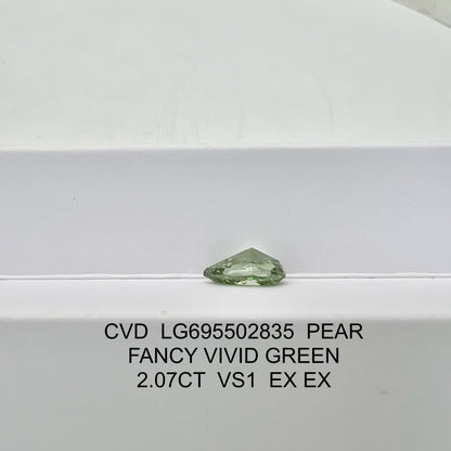 Diamant poire de 2,07 carats, cultivé en laboratoire, vert vif fantaisie, VS1 2EX CVD 