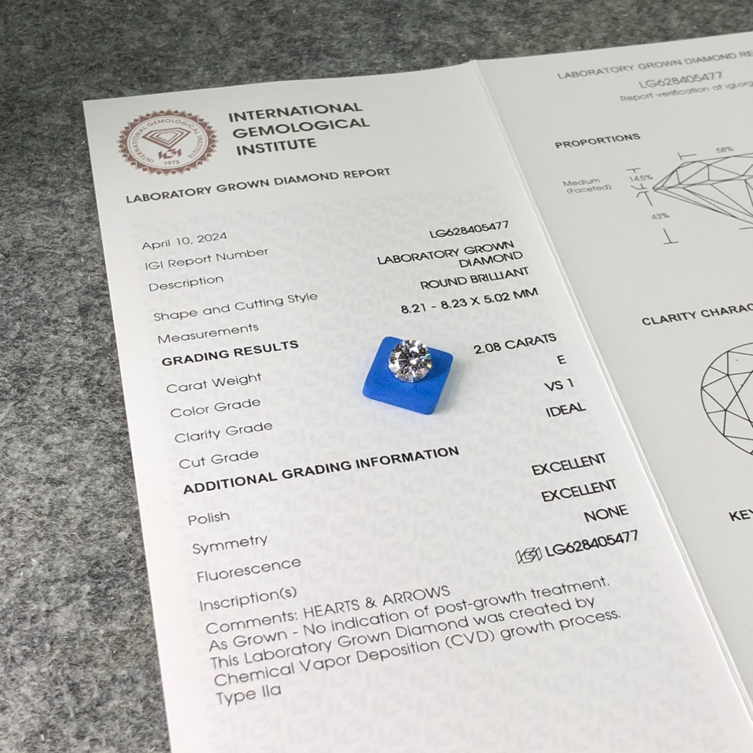 Diamant synthétique CVD de 2,08 carats certifié IGI, créé en laboratoire, E VS1, excellent 