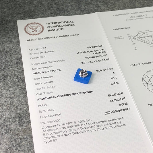 Diamant synthétique CVD de 2,08 carats certifié IGI, créé en laboratoire, E VS1, excellent 
