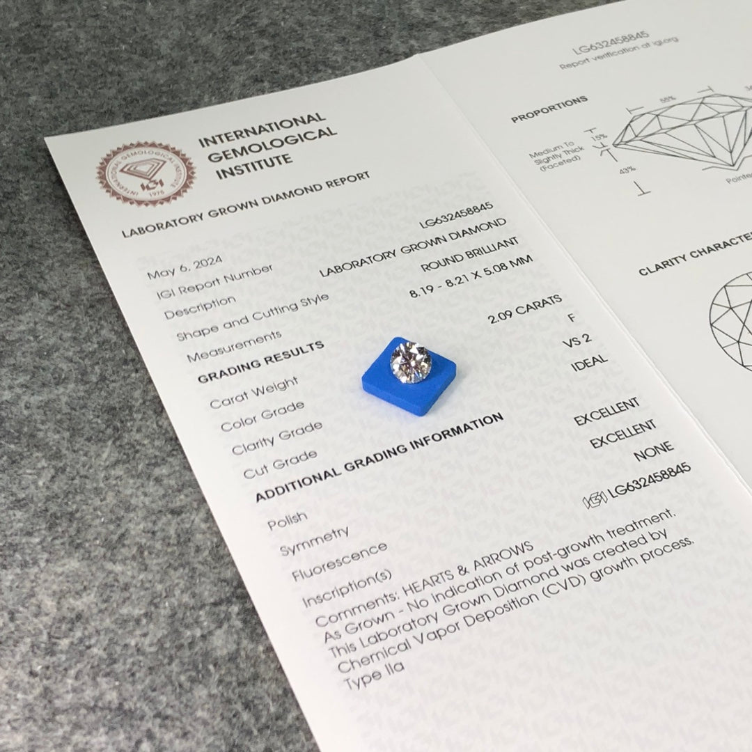 Diamant de laboratoire certifié IGI de 2,09 carats F VS2 ID 2EX CVD 