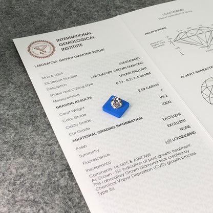 Diamant de laboratoire certifié IGI de 2,09 carats F VS2 ID 2EX CVD 