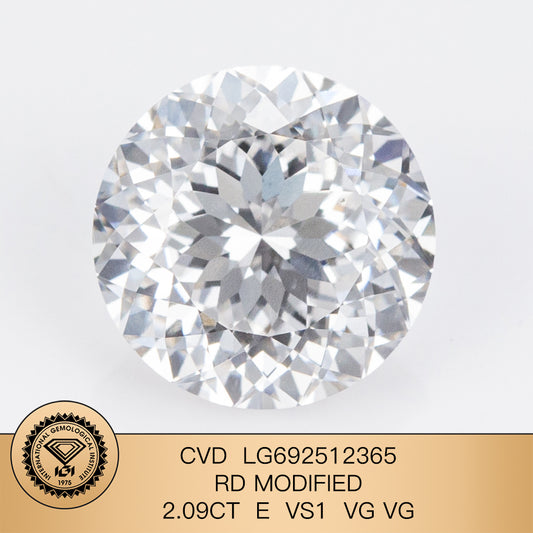 Diamant synthétique de 2,09 carats certifié IGI, taille E VS1, 2VG CVD, 129 
