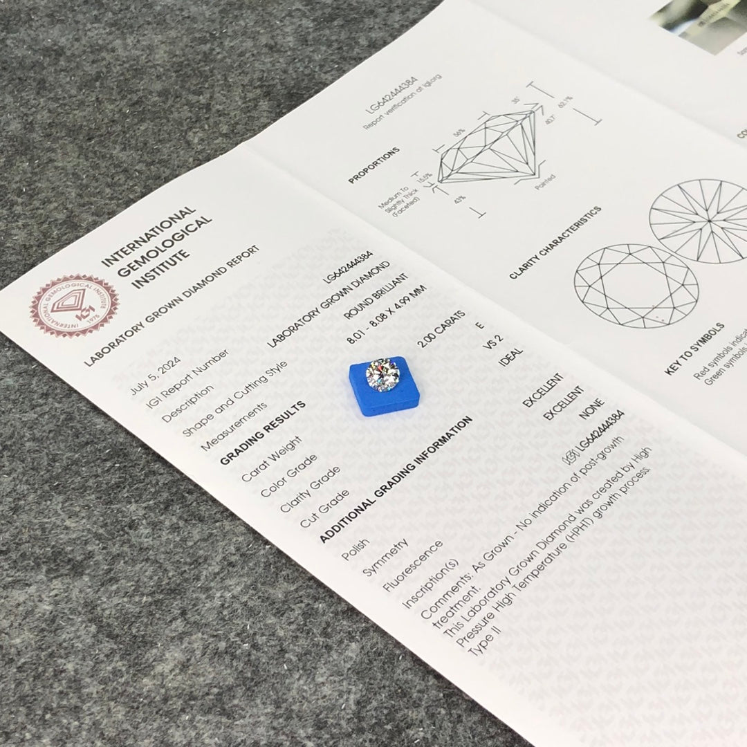 Diamant de laboratoire certifié IGI de 2,00 carats E VS2 ID 2EX HPHT 