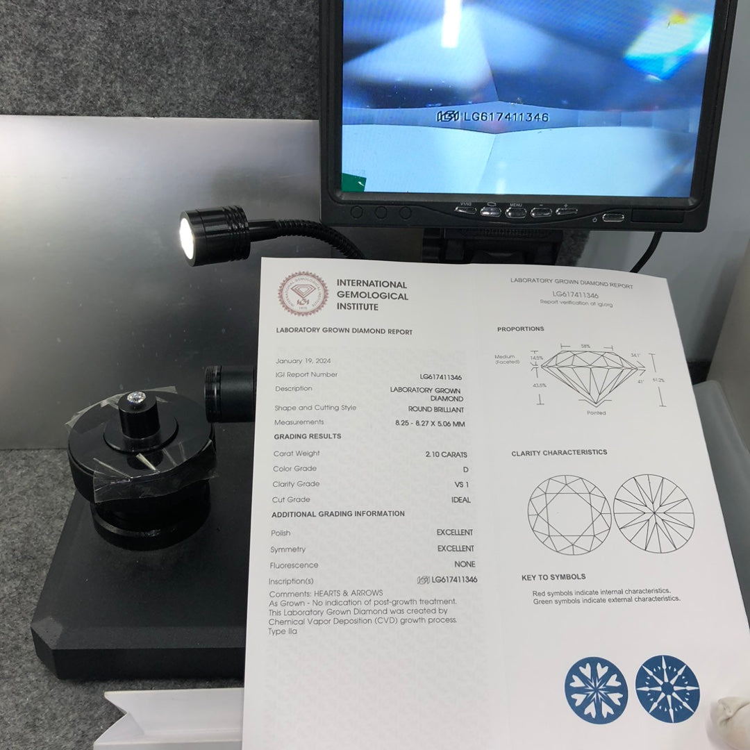 Diamant synthétique D VS1 ID 2EX CVD certifié IGI de 2,10 carats 
