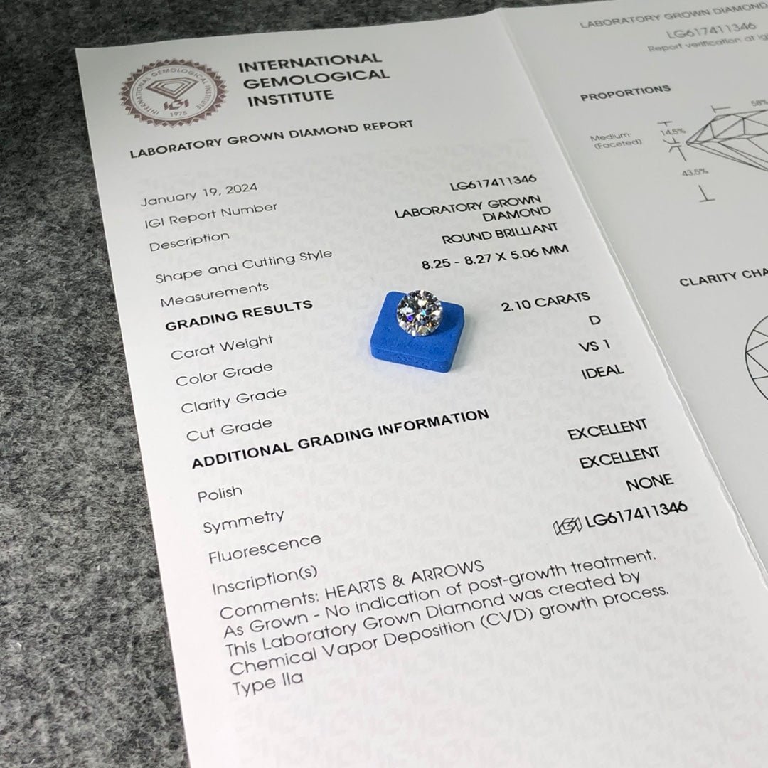 Diamant synthétique D VS1 ID 2EX CVD certifié IGI de 2,10 carats 