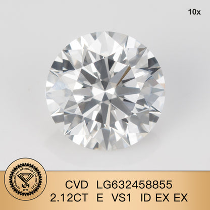 Diamant rond de 2,12 carats certifié IGI, créé en laboratoire, E VS1 ID 2EX CVD 