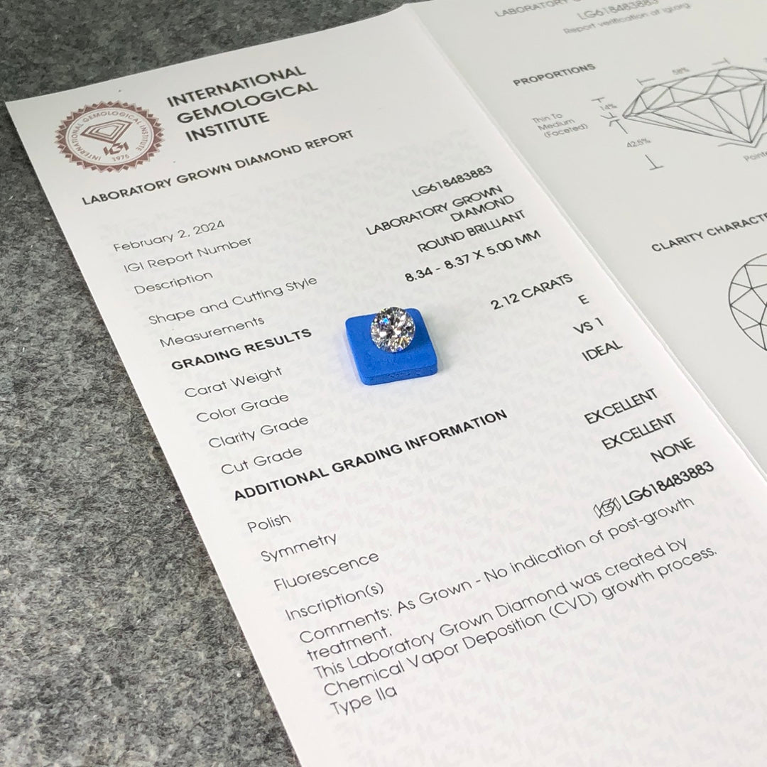 Diamant synthétique CVD certifié IGI de 2,12 carats E VS1 ID 2EX 