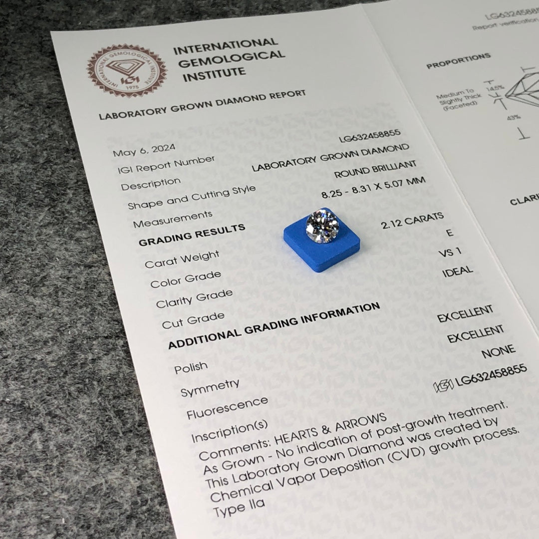 Diamant rond de 2,12 carats certifié IGI, créé en laboratoire, E VS1 ID 2EX CVD 