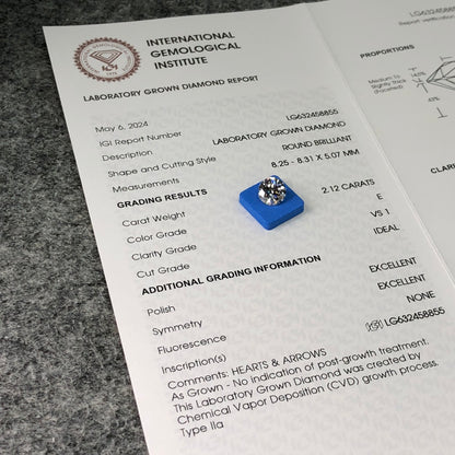 Diamant rond de 2,12 carats certifié IGI, créé en laboratoire, E VS1 ID 2EX CVD 