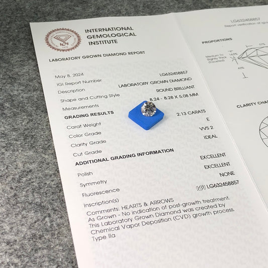 Diamant de laboratoire certifié IGI de 2,13 carats, forme ronde, certifié E VVS2 ID 2EX CVD 