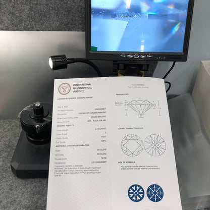 Diamant de laboratoire certifié IGI de 2,13 carats, forme ronde, certifié E VVS2 ID 2EX CVD 