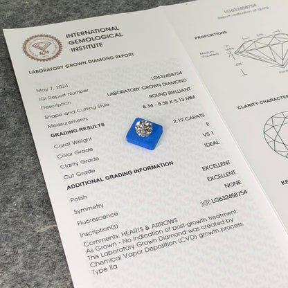 Diamant de laboratoire certifié IGI de 2,19 carats E VS1 ID 2EX CVD taille ronde 