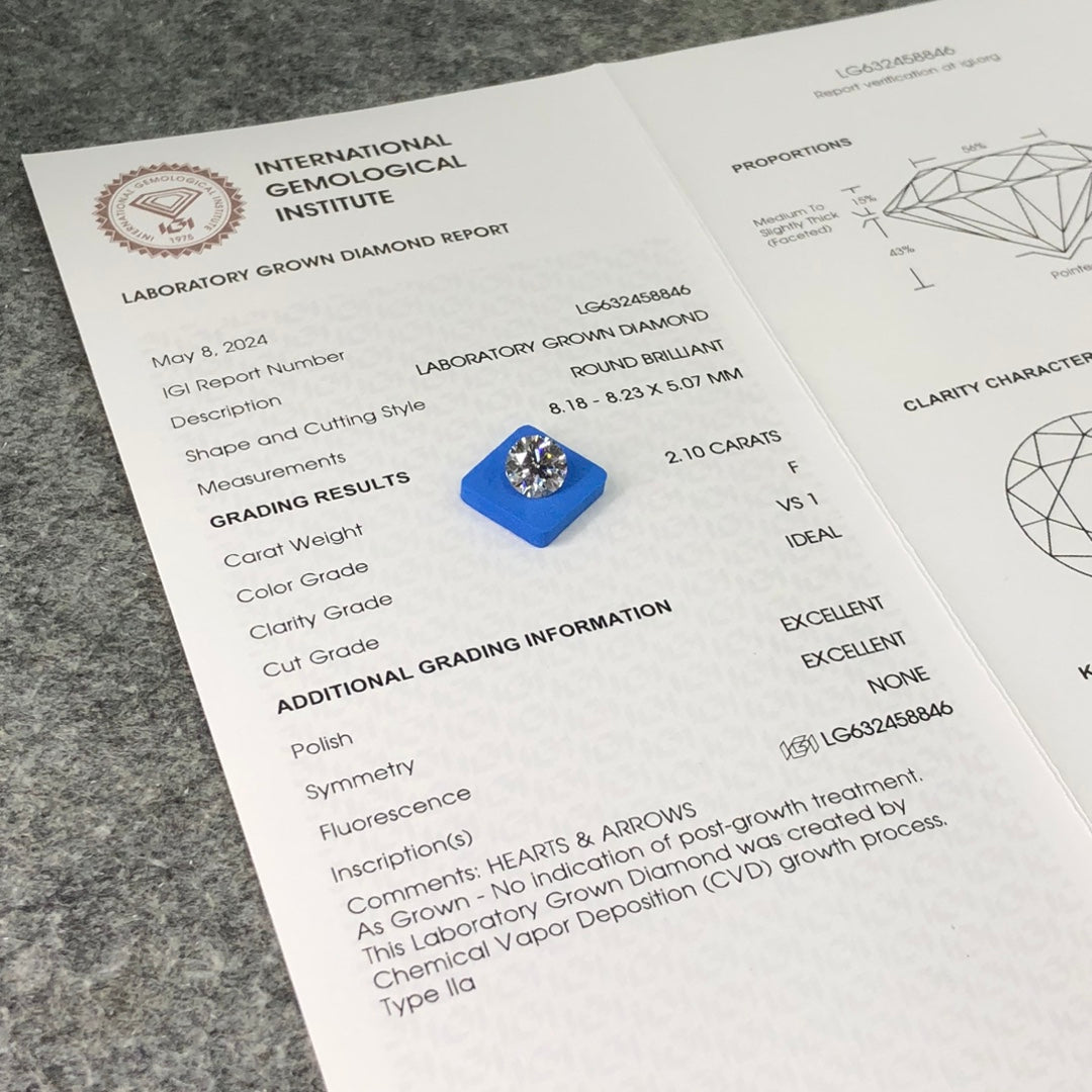Diamant créé en laboratoire de 2,1 carats F VS1 ID 2EX CVD forme ronde certifié IGI 
