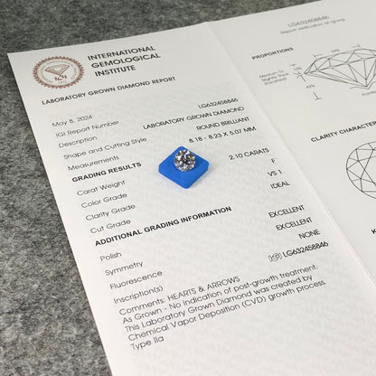 Diamant créé en laboratoire de 2,1 carats F VS1 ID 2EX CVD forme ronde certifié IGI 