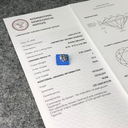 Diamant synthétique de 2,50 carats, certifié IGI, créé en laboratoire, F VS2 ID 2EX CVD 