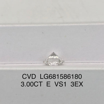 Diamant synthétique de laboratoire de 3,00 carats E VS1 3EX CVD rond certifié IGI 