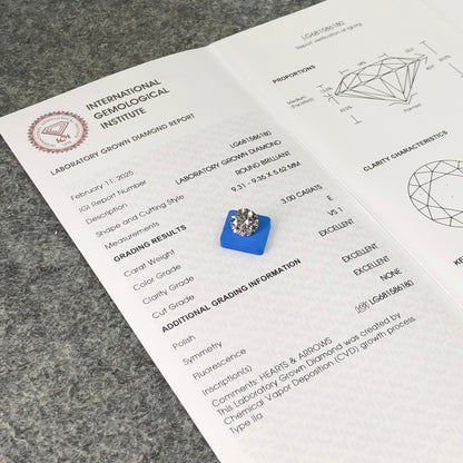 Diamant synthétique de laboratoire de 3,00 carats E VS1 3EX CVD rond certifié IGI 