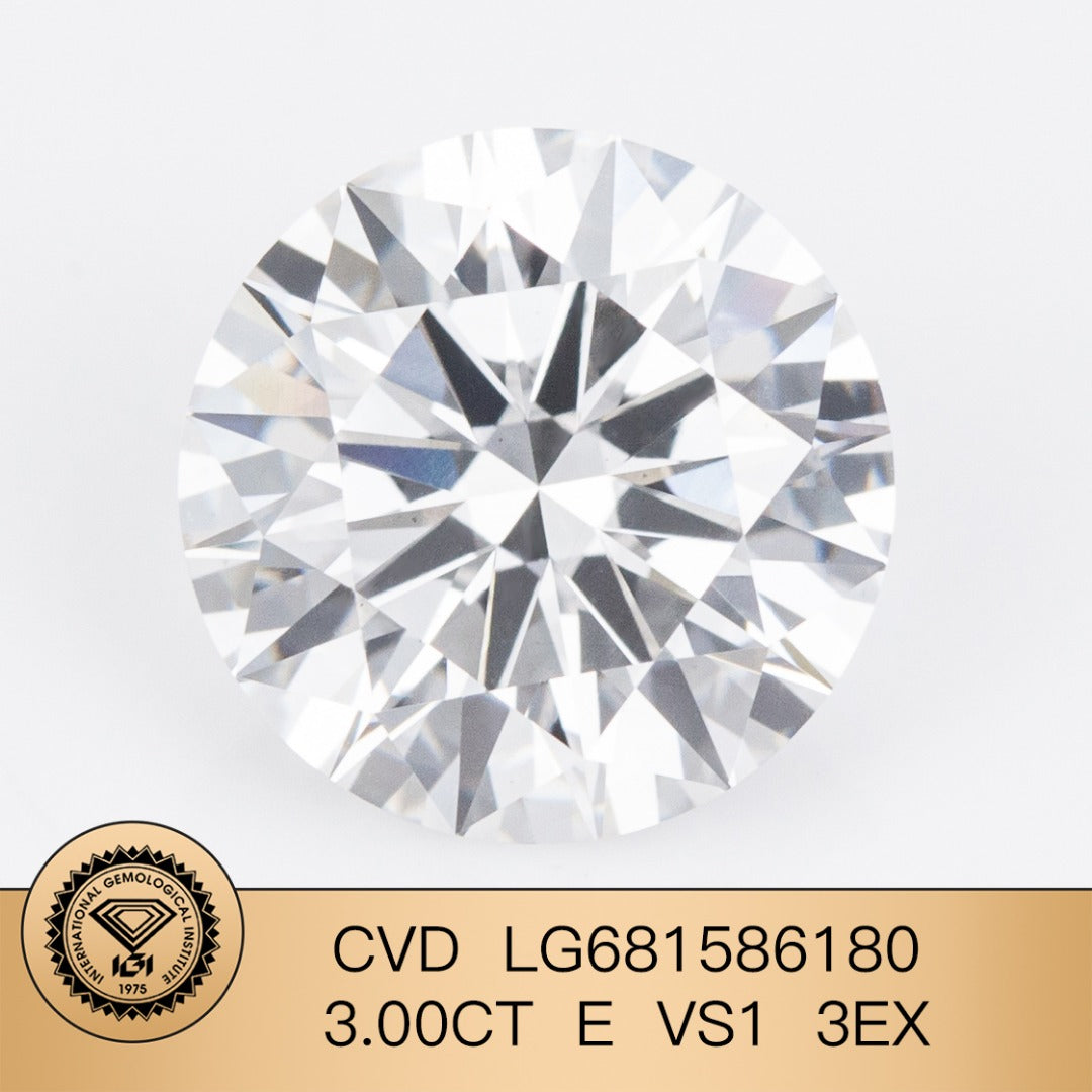Diamant synthétique de laboratoire de 3,00 carats E VS1 3EX CVD rond certifié IGI 