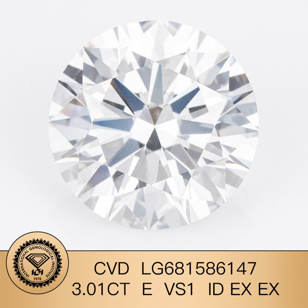 Diamant synthétique rond de 3,01 carats certifié IGI, cultivé en laboratoire, E VS1 ID 2EX CVD 