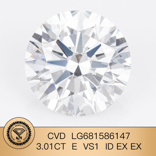 Diamant synthétique rond de 3,01 carats certifié IGI, cultivé en laboratoire, E VS1 ID 2EX CVD 