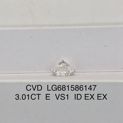 Diamant synthétique rond de 3,01 carats certifié IGI, cultivé en laboratoire, E VS1 ID 2EX CVD 