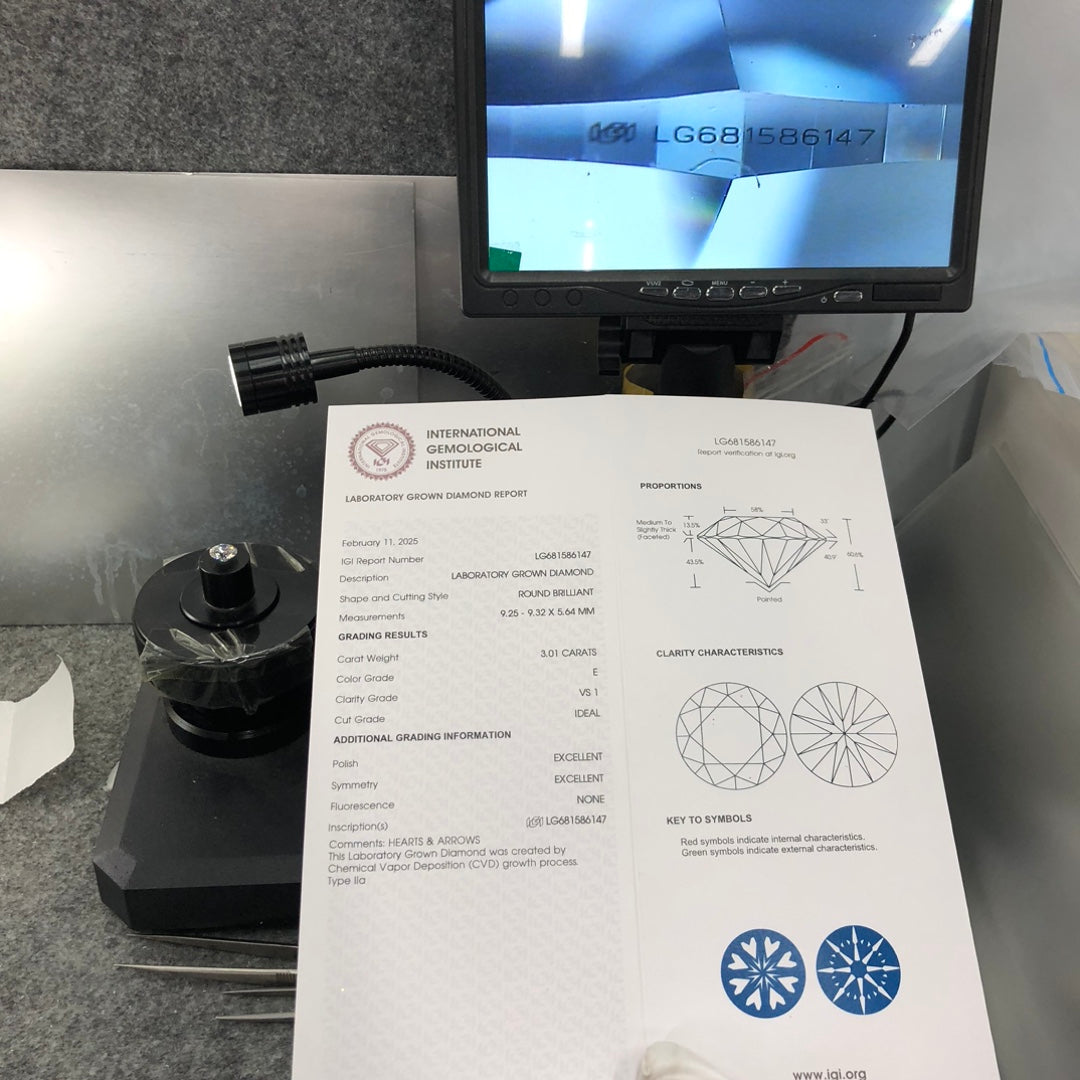 Diamant synthétique rond de 3,01 carats certifié IGI, cultivé en laboratoire, E VS1 ID 2EX CVD 
