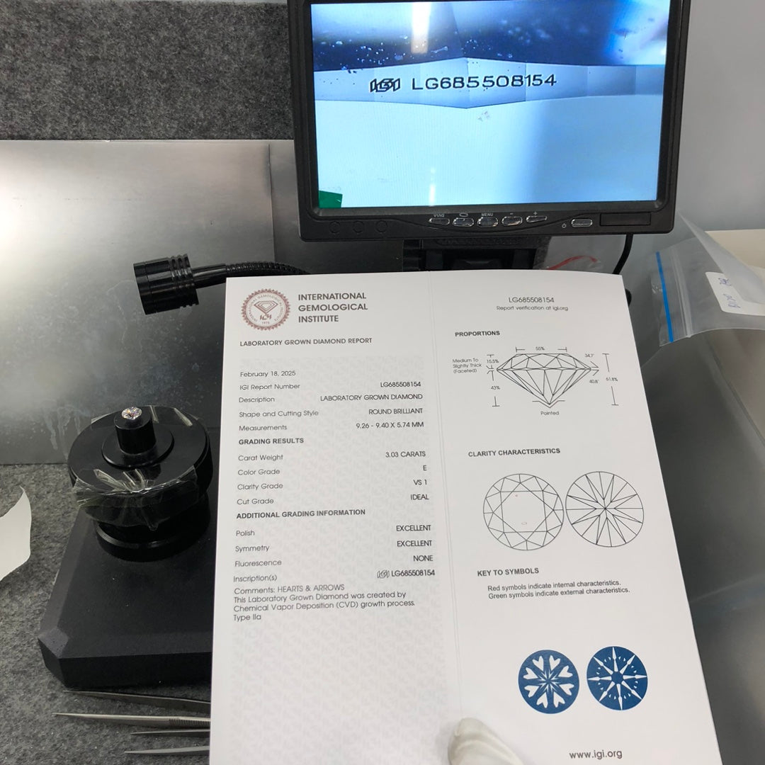 Diamant de laboratoire de 3,03 carats E VS1 ID 2EX CVD forme ronde 