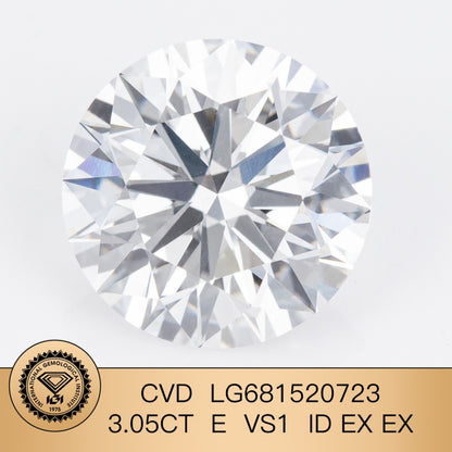 Diamant de laboratoire certifié IGI de 3,05 carats E VS1 ID 2EX CVD de forme ronde 