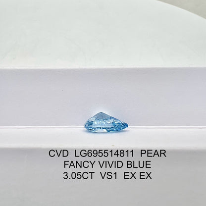Diamant poire de 3,05 carats, cultivé en laboratoire, bleu vif fantaisie VS1 CVD 2EX 