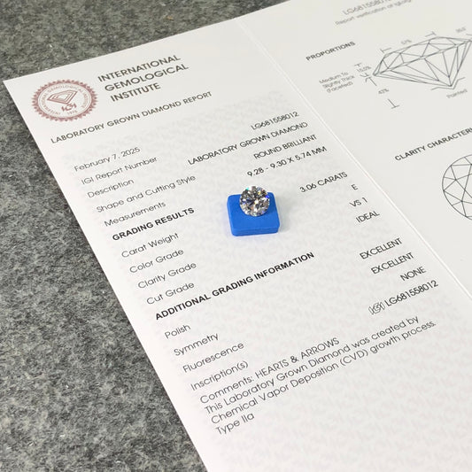 Diamant synthétique rond certifié IGI de 3,06 carats, forme E VS1, ID 2EX CVD 
