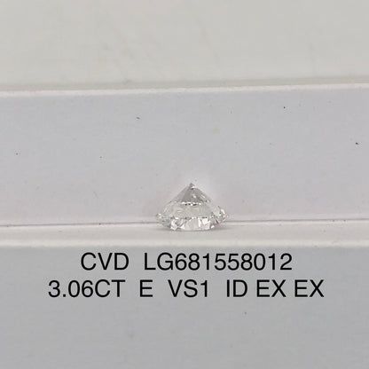 Diamant synthétique rond certifié IGI de 3,06 carats, forme E VS1, ID 2EX CVD 