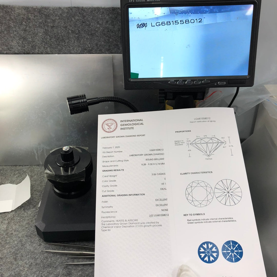 Diamant synthétique rond certifié IGI de 3,06 carats, forme E VS1, ID 2EX CVD 