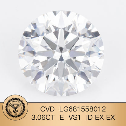 Diamant synthétique rond certifié IGI de 3,06 carats, forme E VS1, ID 2EX CVD 