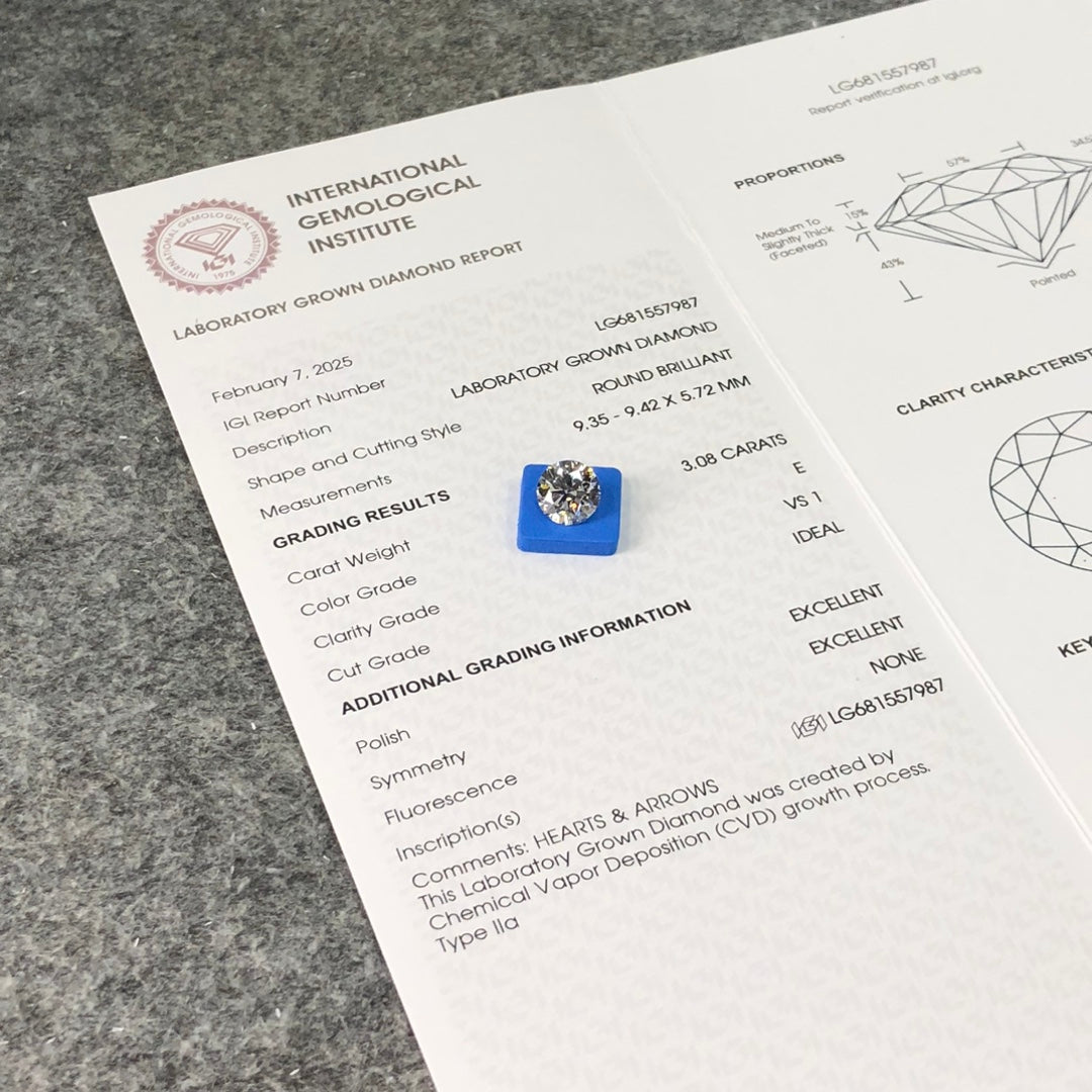 Diamant synthétique de 3,08 carats certifié IGI, cultivé en laboratoire, forme ronde E VS1 ID 2EX CVD 