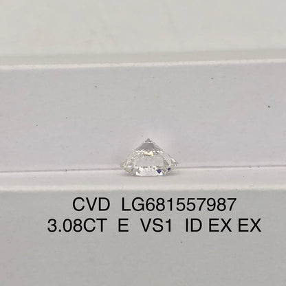 Diamant synthétique de 3,08 carats certifié IGI, cultivé en laboratoire, forme ronde E VS1 ID 2EX CVD 
