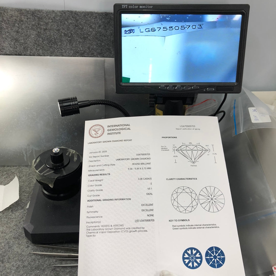 Diamant synthétique rond certifié IGI, forme ronde, 3,08 diamants de laboratoire E VS1 ID 2EX CVD 