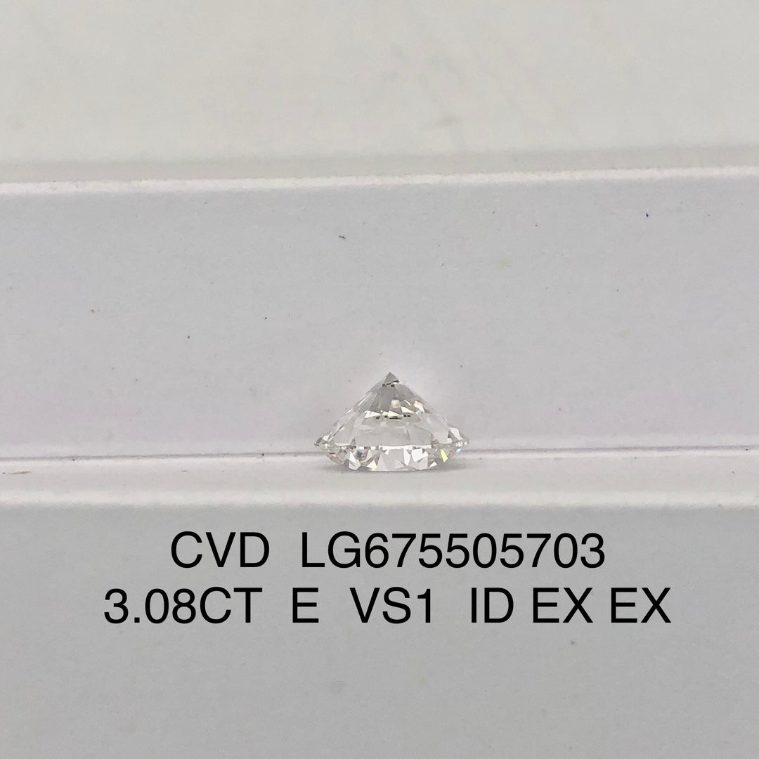 Diamant synthétique rond certifié IGI, forme ronde, 3,08 diamants de laboratoire E VS1 ID 2EX CVD 