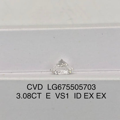 Diamant synthétique rond certifié IGI, forme ronde, 3,08 diamants de laboratoire E VS1 ID 2EX CVD 