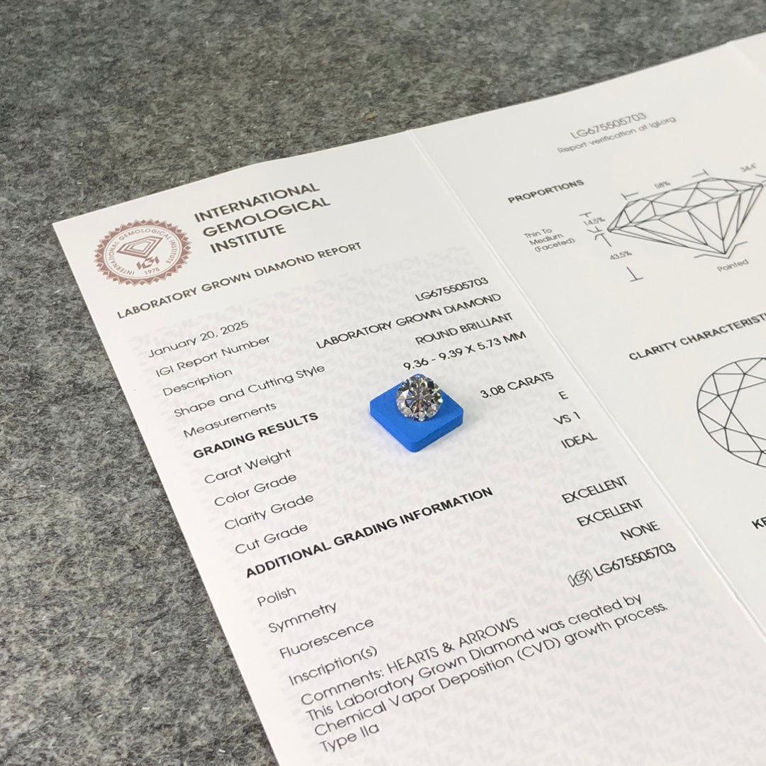 Diamant synthétique rond certifié IGI, forme ronde, 3,08 diamants de laboratoire E VS1 ID 2EX CVD 