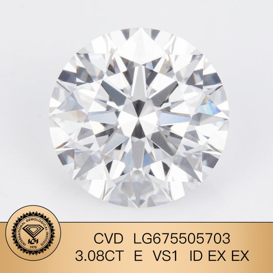 Diamant synthétique rond certifié IGI, forme ronde, 3,08 diamants de laboratoire E VS1 ID 2EX CVD 
