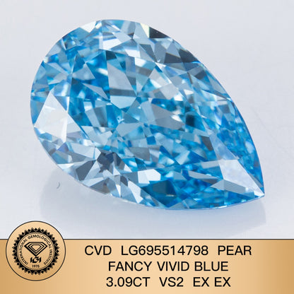 Diamant synthétique de 3,09 carats, taille poire, bleu vif fantaisie VS2 CVD 2EX 