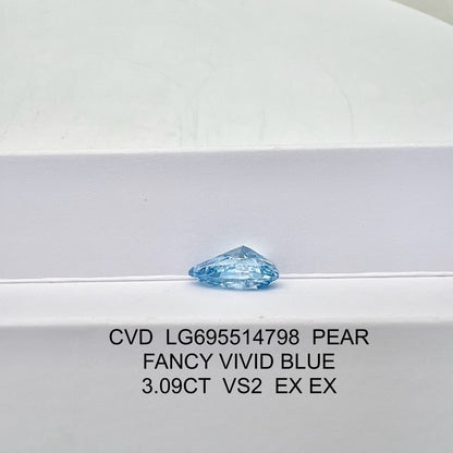 Diamant synthétique de 3,09 carats, taille poire, bleu vif fantaisie VS2 CVD 2EX 