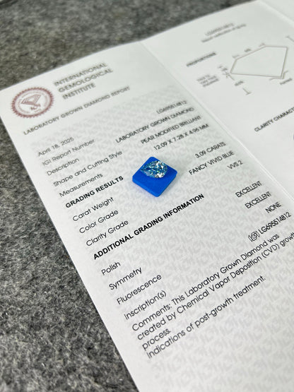 Diamant synthétique poire de 3,09 carats, cultivé en laboratoire, bleu vif fantaisie VVS2 CVD 2EX 